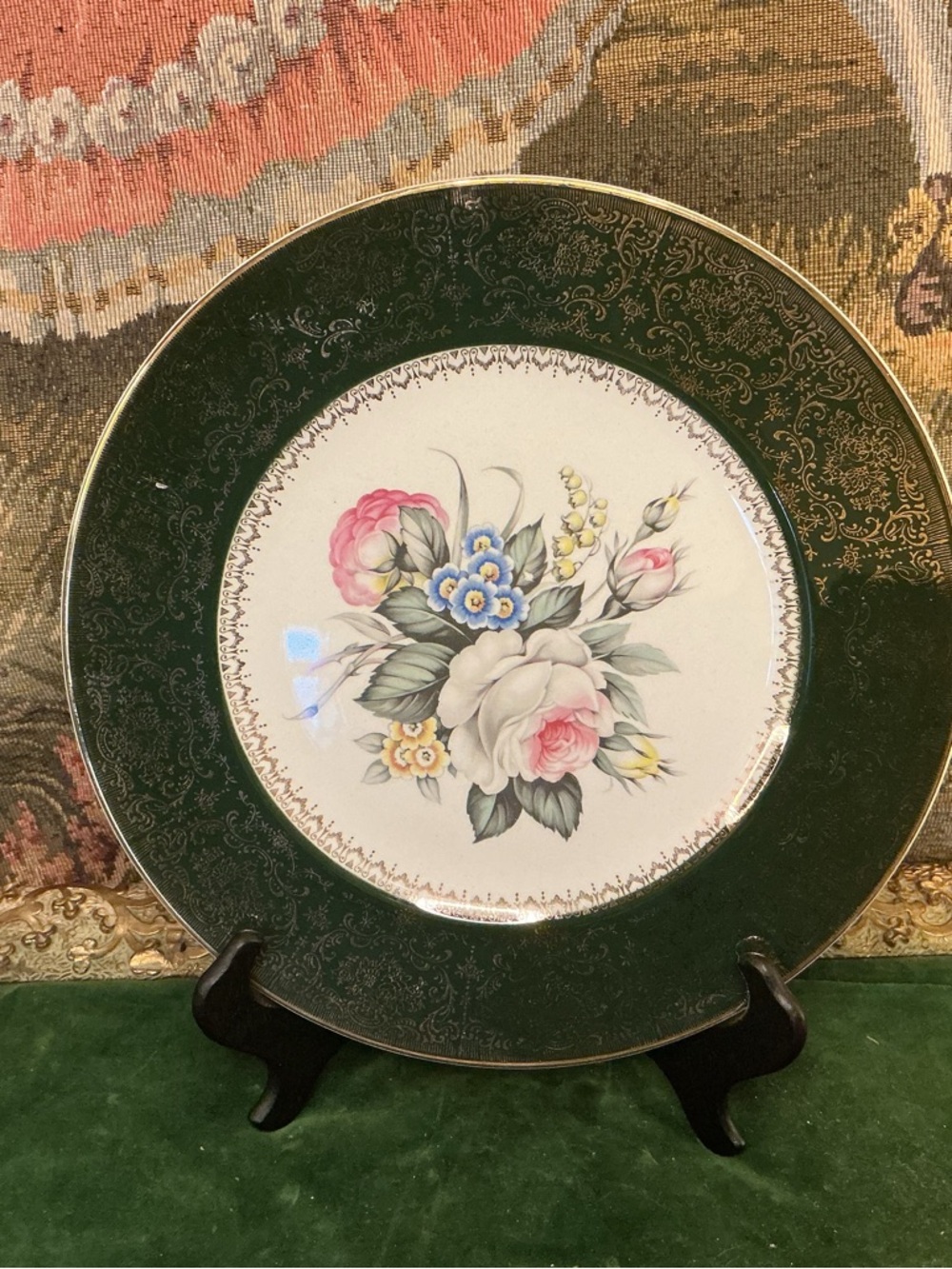 Decorative Floral China Plate - Dark Green Rim